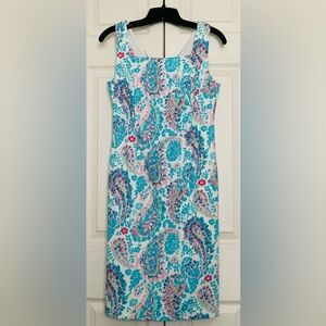 Talbots Blue & Pink Fresco Paisley Sleeveless Square Neck Sheath Dress